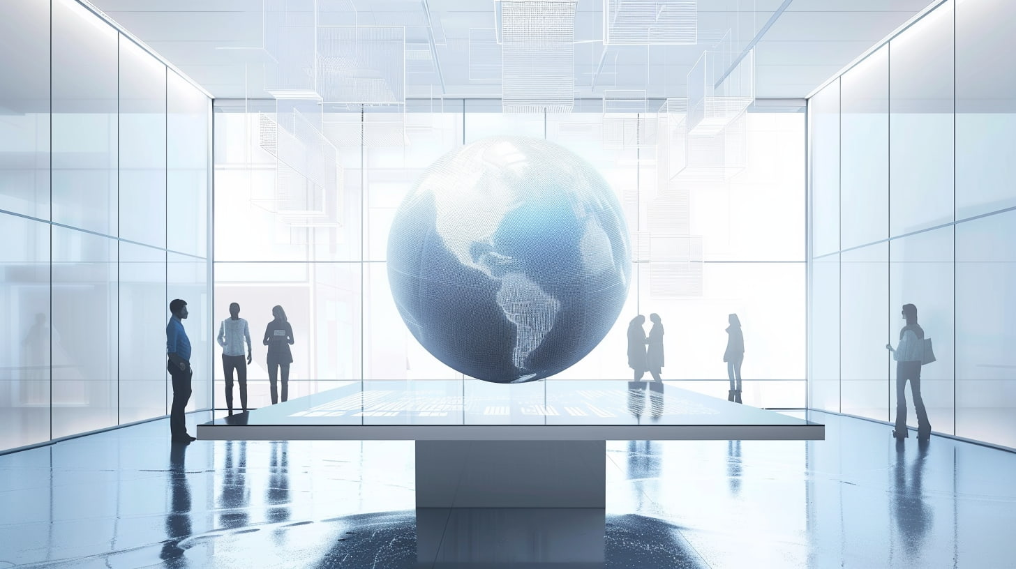 A room with glass windows, a globe in the centre and people around it