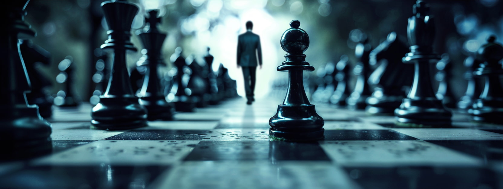 Life-size chessboard on which a man walks with his back turned