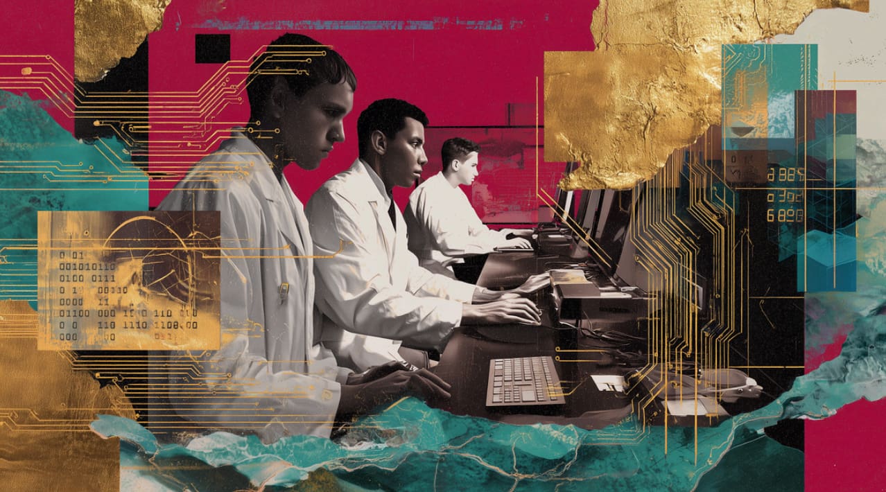 People in white coats sitting in front of computers
