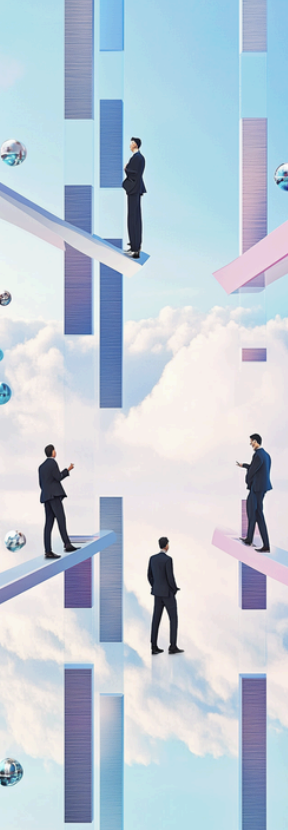 Various silhouettes of men placed in a fictitious space