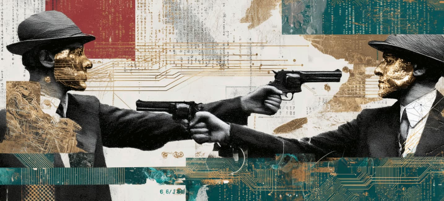 Two men point guns at each other's faces.