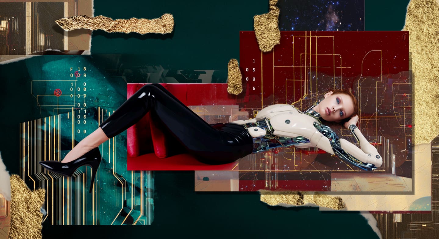 Woman with a human face and an automaton body lying down