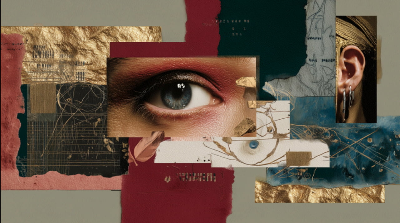 Various overlapping frames and a close-up photo of an eye