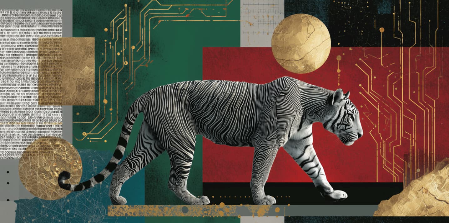 A black and white tiger walking